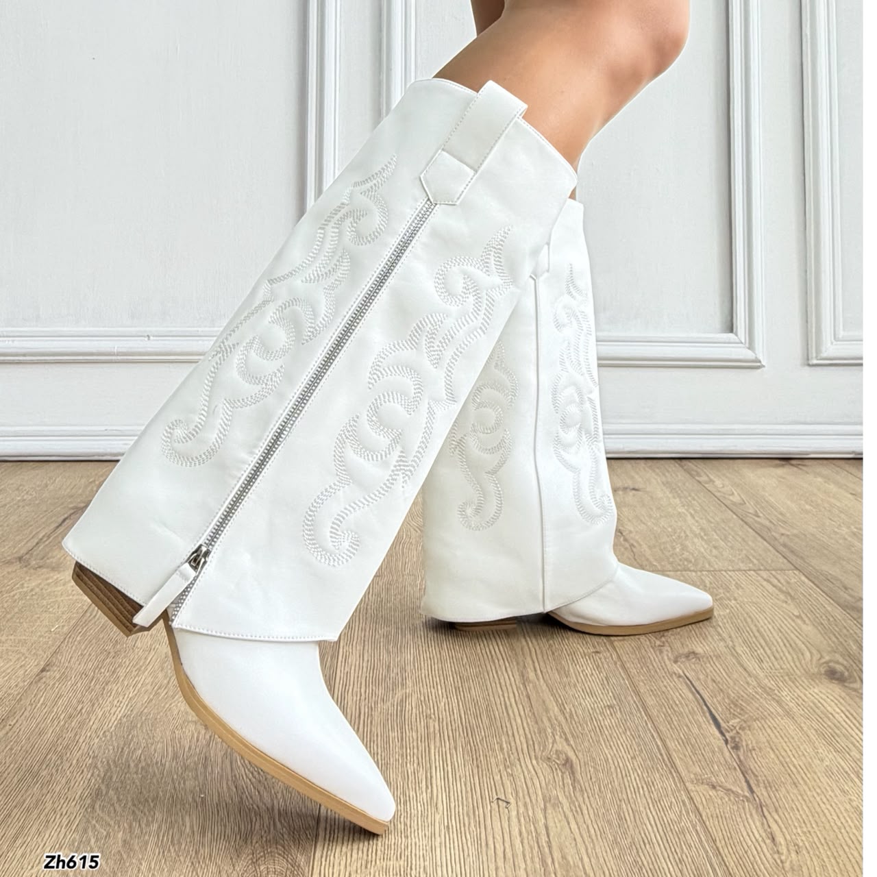 Bota texana blanco doblez cierre plateado tacon 6cm HX3325-C1797